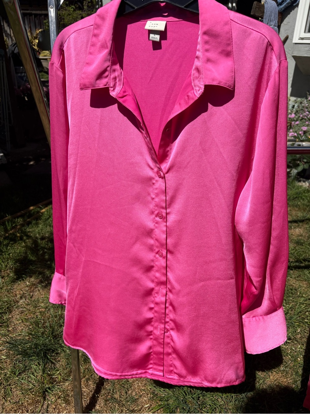 Bright Pink Satin Button-Front Women's Blouse